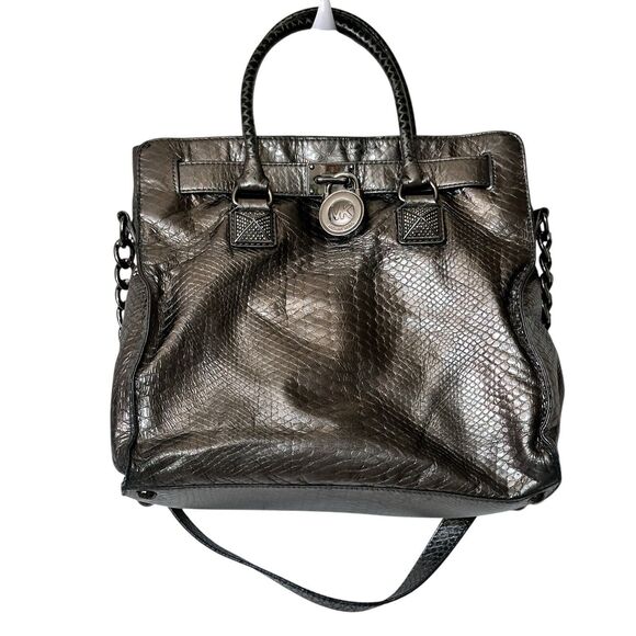 MICHAEL KORS Hamilton Jewel Gunmetal Snake Embossed Satchel Bag - Picture 1 of 10
